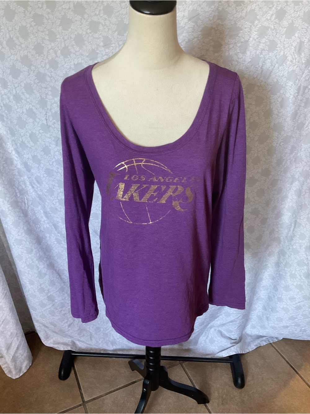 NBA Purple Long Sleeve Scoop Neck Tee with Gold Lakers Logo